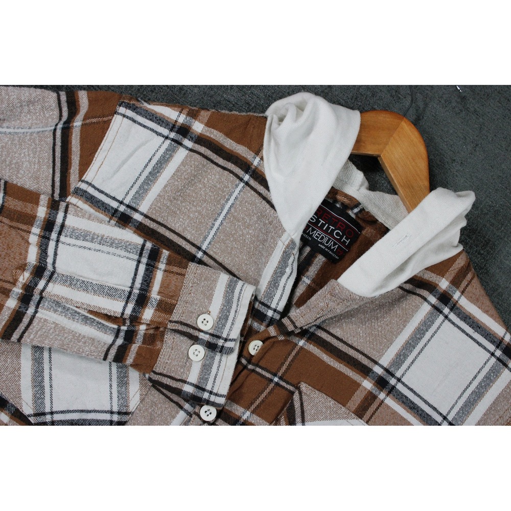 Retro Stitch Mens Hooded Flannel Shirt Brown White Plaid Long Sleeve Size Medium